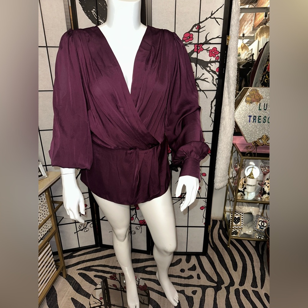 Wine red satin belted blouse